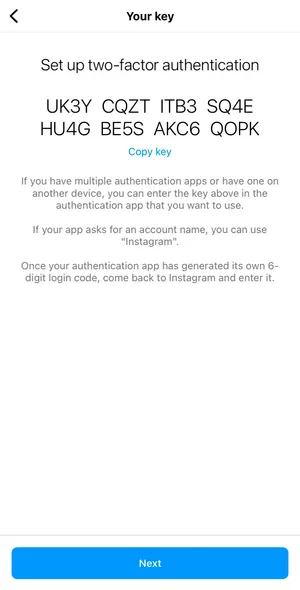 Código autenticação de 2 etapas Instagram