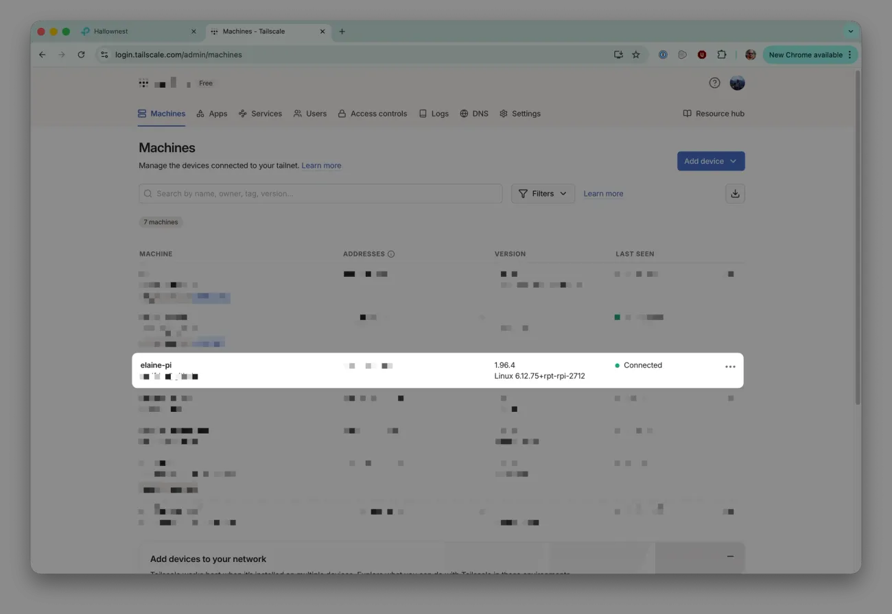 Tailscale dashboard showing the new device connected
