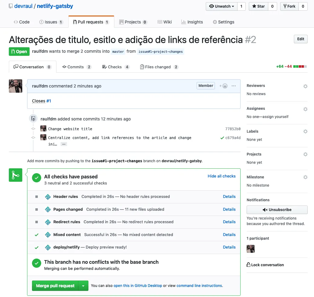 Pull Request com as alterações — Todas tarefas concluídas