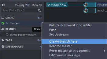 Local > Master > Options > Create branch here